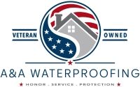 Logo for A&A Waterproofing. Features a house with a stylized American flag, the words “Veteran Owned,” and the motto “Honor • Service • Protection.”.