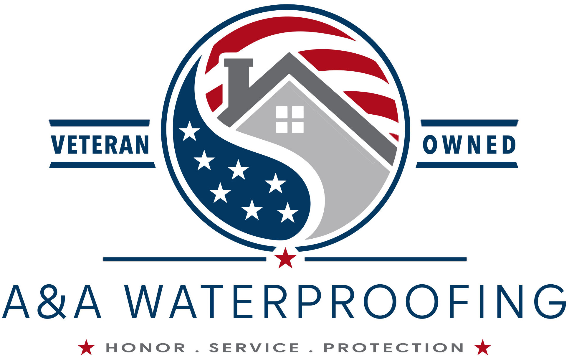 Logo for A&A Waterproofing. Features a house with a stylized American flag, the words “Veteran Owned,” and the motto “Honor • Service • Protection.”.